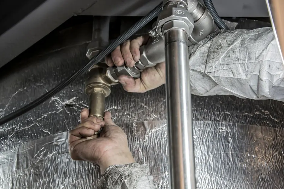 Plumber's hands servicing steel pipes on a water heating unit