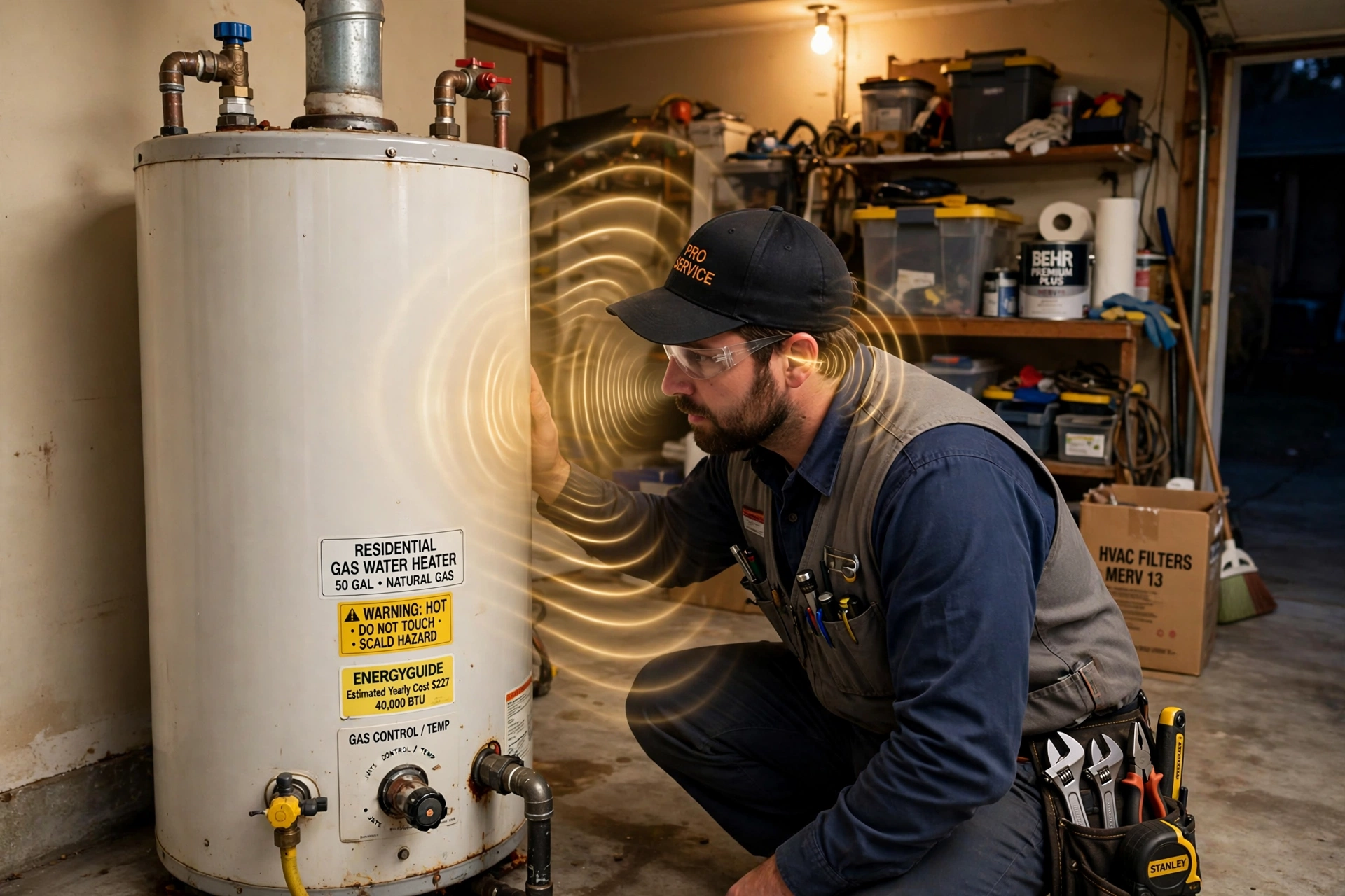 Technician listening to a rumbling residential water heater in a Lawrenceville, GA garage